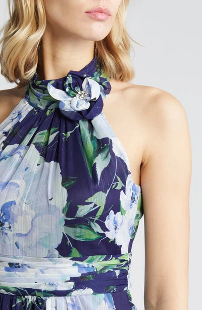 Shop Eliza J Floral Chiffon High-low Midi Dress In Navy