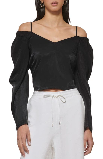 Shop Dkny Off The Shoulder Puff Sleeve Linen Top In Black