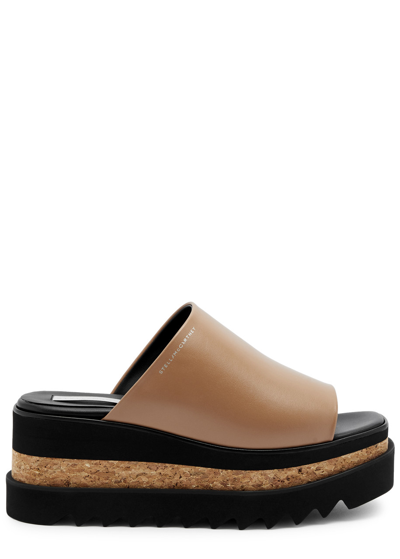 Shop Stella Mccartney Sneak-elyse Faux Leather Flatform Sliders In Tan