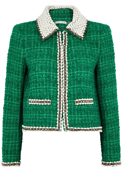 Shop Alice And Olivia Kidman Embellished Tweed Jacket In Green