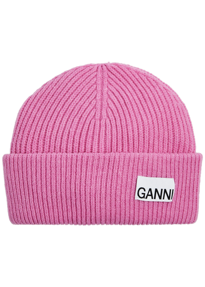 Shop Ganni Fitted Ribbed Wool-blend Beanie In Pink