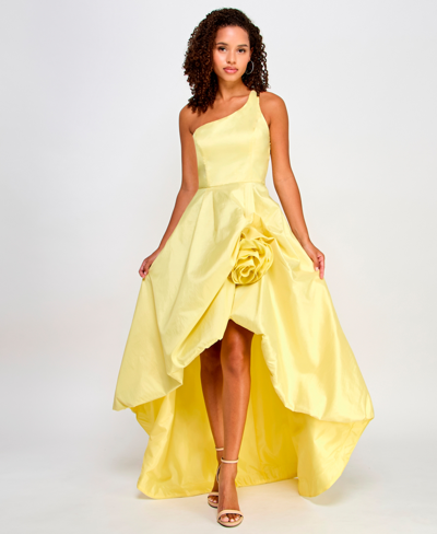 Shop Violet Weekend Juniors' One-shoulder Rosette Gown In Lemonade