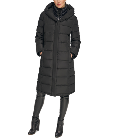 Shop Dkny Women's Petite Bibbed Hooded Puffer Coat In Black