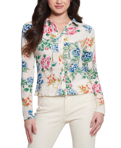 Shop Guess Women's Tessa Smocked Button-down Long-sleeve Top In Hanoi Cream Wht Floral