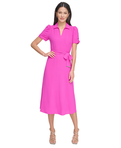 Shop Dkny Women's Tie-waist Point Collar A-line Dress In Power Pink