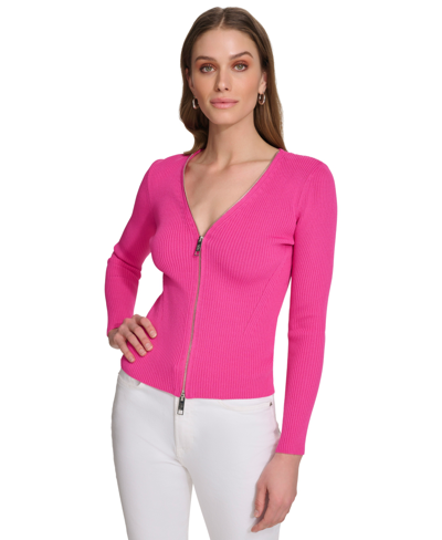 Shop Dkny Women's Ribbed Zip-front Sweater In Shocking Pink