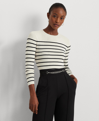 Shop Lauren Ralph Lauren Women's Striped Crewneck Sweater, Regular & Petite In Mascarpone Cream,black