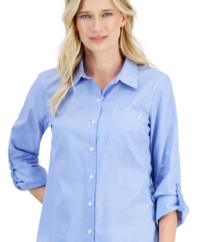 Shop Nautica Jeans Women's Newport Striped Ribbed Cotton Long Sleeve Shirt In Brightblue