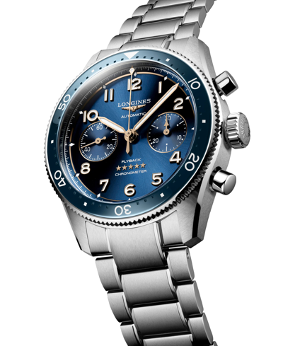 Shop Longines Men's Swiss Automatic Chronograph Spirit Flyback Stainless Steel Bracelet Watch 42mm In Silver And Blue Ceramic Bezel