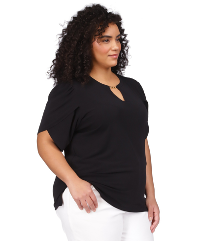 Shop Michael Kors Michael  Plus Size Chain-neck Petal-sleeve Top In Black