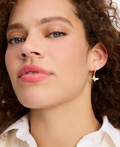 Kate Spade Gold-tone Cubic Zirconia & Mother-of-pearl Butterfly Charm Huggie Hoop Earrings In White Multi