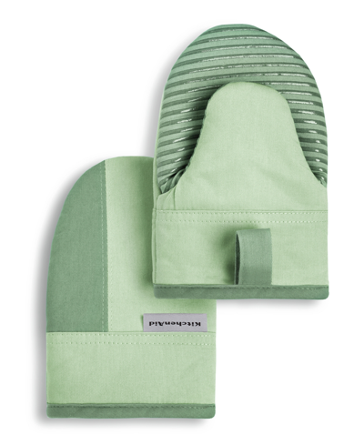 Shop Kitchenaid Beacon Two-tone Mini Oven Mitt 2-pack Set, 5.5" X 8" In Pistachio,graphite Green