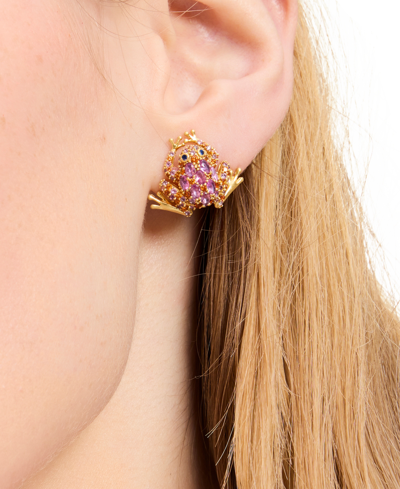 Shop Kate Spade Gold-tone Cubic Zirconia Frog Stud Earrings In Pink.