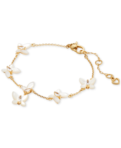 Shop Kate Spade Gold-tone Cubic Zirconia & Mother-of-pearl Butterfly Link Bracelet In White Multi