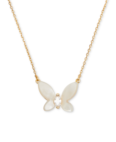 Shop Kate Spade Gold-tone Cubic Zirconia & Mother-of-pearl Butterfly Statement Pendant Necklace, 18" + 3" Extender In White Multi