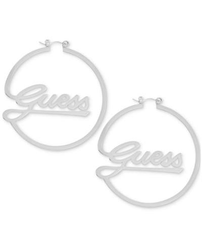 Shop Guess Medium Logo Script Hoop Earrings, 2" In Silver