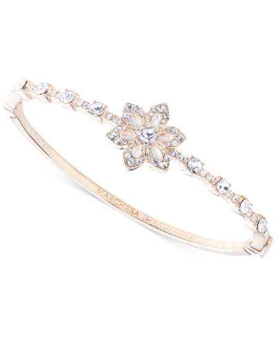Shop Marchesa Gold-tone Crystal Flower Bangle Bracelet In White