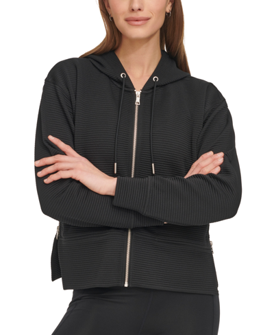 Shop Dkny Sport Women's Tech Ottoman Full-zip Hoodie In Black,silver