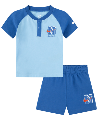 Shop Nike Baby Boys Next Gen Henley Shorts And T-shirt, 2 Piece Set In Star Blue