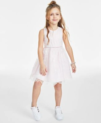 Shop Rare Editions Toddler Little Big Girls Floral Organza Social Dress Big Girls Imitation Pearl Embellished Cardigan  In Blush