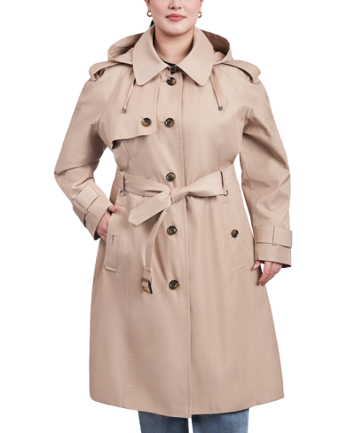 Shop London Fog Women's Plus Size Belted Hooded Water-resistant Trench Coat In Stone