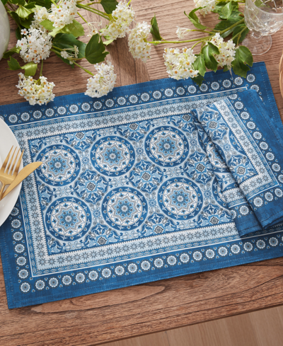 Elrene Vietri Medallion Blue Block Print Stain Water Resistant Indoor And Outdoor Placemats, Set Of 4, 13" In Multi