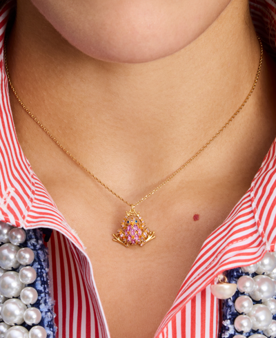 Shop Kate Spade Gold-tone Cubic Zirconia Frog Mini Pendant Necklace, 16" + 3" Extender In Pink.