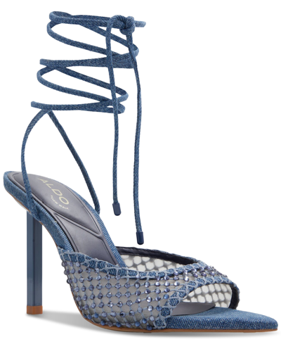 Shop Aldo Women's Jessamine Rhinestone Tie-up Stiletto Dress Sandals In Mesh Medium Blue