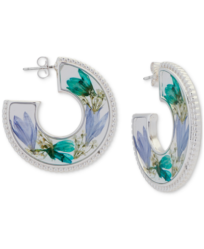 Shop Lucky Brand Silver-tone Pressed Flower Medium Open Hoop Earrings, 1.35"