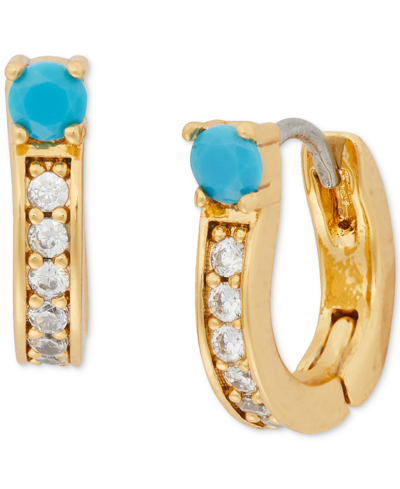 Shop Kate Spade Gold-tone Small Cubic Zirconia & Stone Huggie Hoop Earrings, 0.47" In Turquoise
