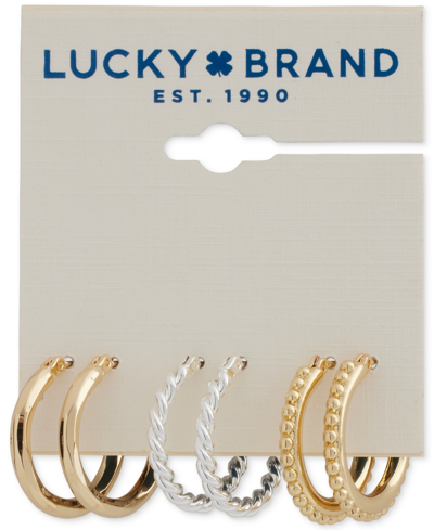 Shop Lucky Brand Tri-tone 3-pc. Set Textured Hoop Earrings In Ttone