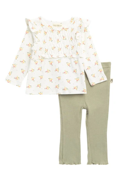 Shop Rabbit And Bear Organic Organic Cotton Smocked Floral Top & Ribbed Pants Set In Green Flowers