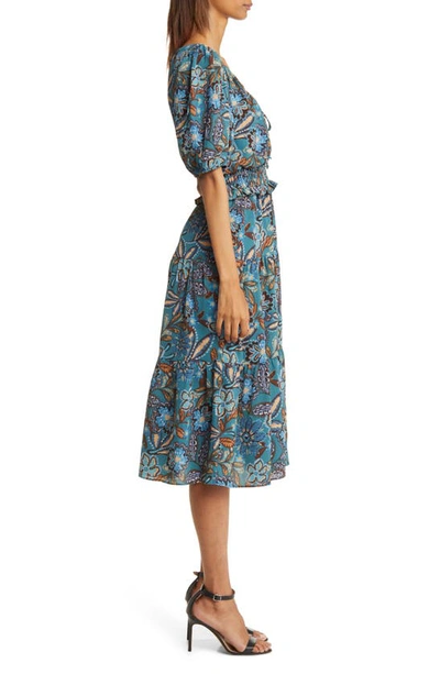 Shop Vince Camuto Floral Tiered Pebble Crepe Midi Dress In Peacock