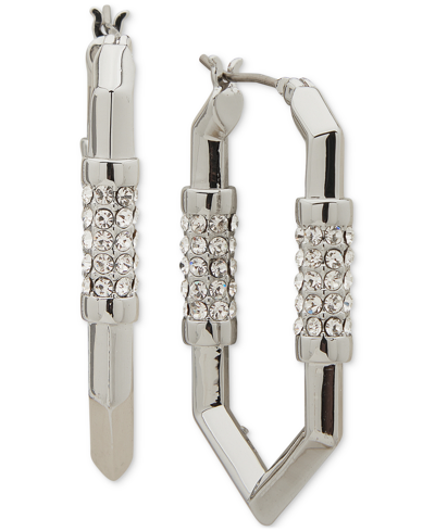 Shop Karl Lagerfeld Medium Pave Geometric Link Hoop Earrings In Silver