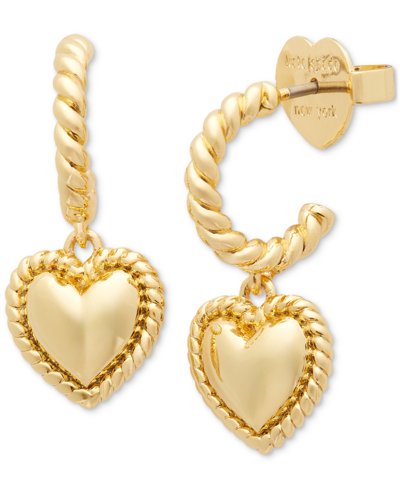 Shop Kate Spade Gold-tone Twisted Frame Heart Charm Hoop Earrings In Gold.