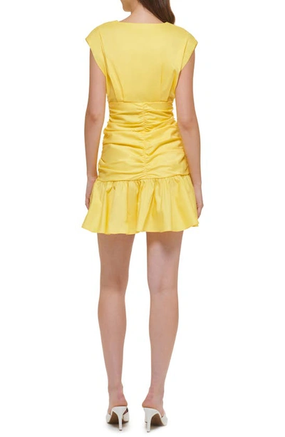 Shop Dkny Ruched Ruffle Stretch Cotton Minidress In Goldfinch