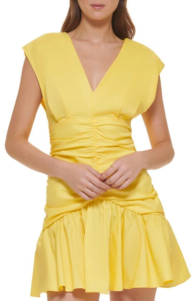 Shop Dkny Ruched Ruffle Stretch Cotton Minidress In Goldfinch