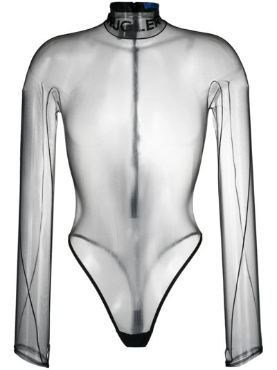 Shop Mugler Semi-transparent Bodysuit With Logo In Black