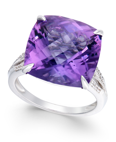 Shop Macy's Amethyst (13-1/2 Ct. T.w.) And Diamond (1/8 Ct. T.w.) Statement Ring In 14k White Gold