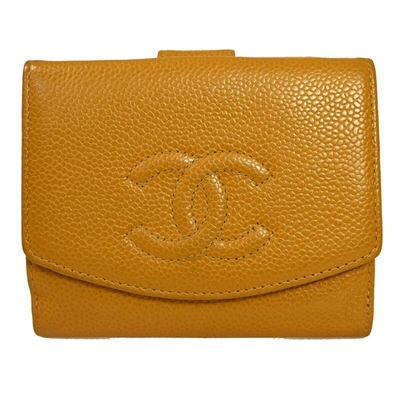 Pre-owned Chanel Coco Mark Yellow Leather Wallet  ()