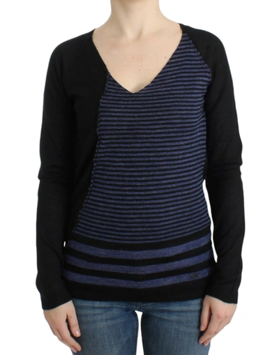 Shop Costume National Chic Striped V-neck Wool Blend Women's Sweater In Black
