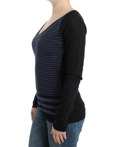 Shop Costume National Chic Striped V-neck Wool Blend Women's Sweater In Black