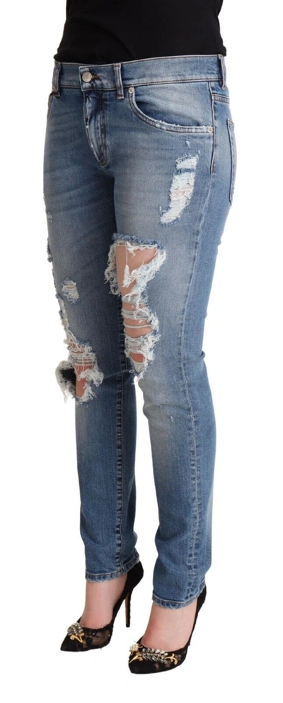 Dolce & Gabbana Blue Distressed Cotton Denim Skinny Jeans In Blue