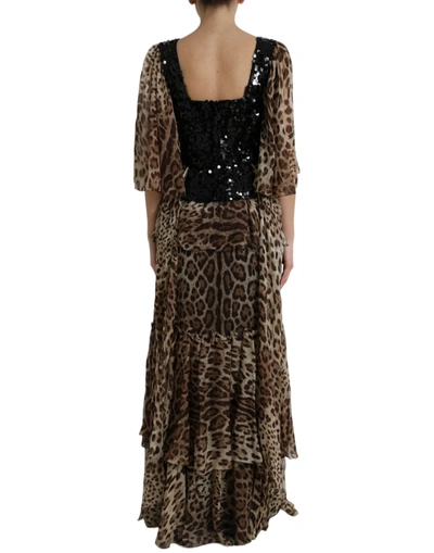 Shop Dolce & Gabbana Elegant Leopard Sequin Tiered Women's Dress In Brown