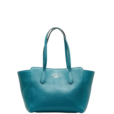 Shop Gucci Shima Line Turquoise Leather Tote Bag ()