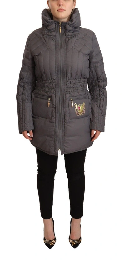 Shop Roccobarocco Elegant Quilted Long Jacket With Logo Women's Patch In Gray