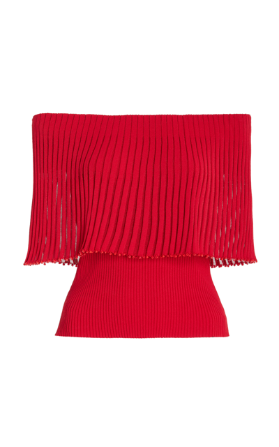 Shop Altuzarra Pascale Bead-trimmed Knit Off-the-shoulder Top In Red