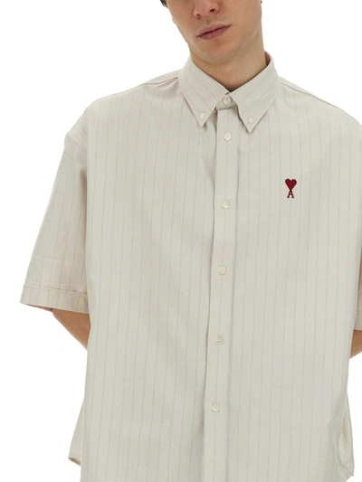 Shop Ami Alexandre Mattiussi Ami Paris Shirt With Logo Embroidery In Beige