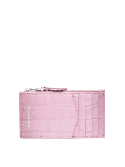 Shop Alexander Mcqueen Croco Effect Wallet With Top Zip Fastening In Pink