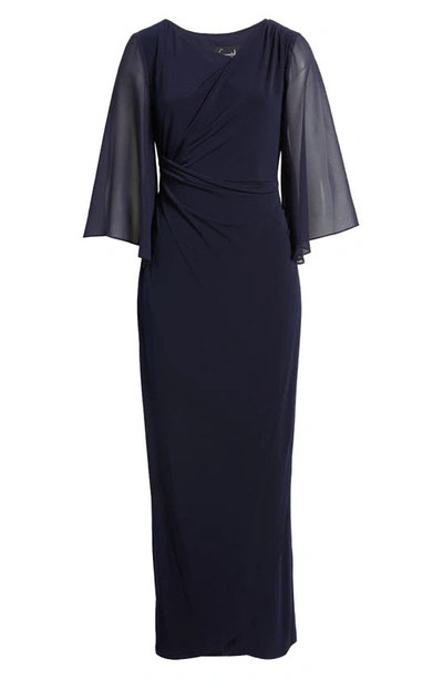 Shop Connected Apparel Chiffon Cape Sleeve Side Ruched Gown In Navy